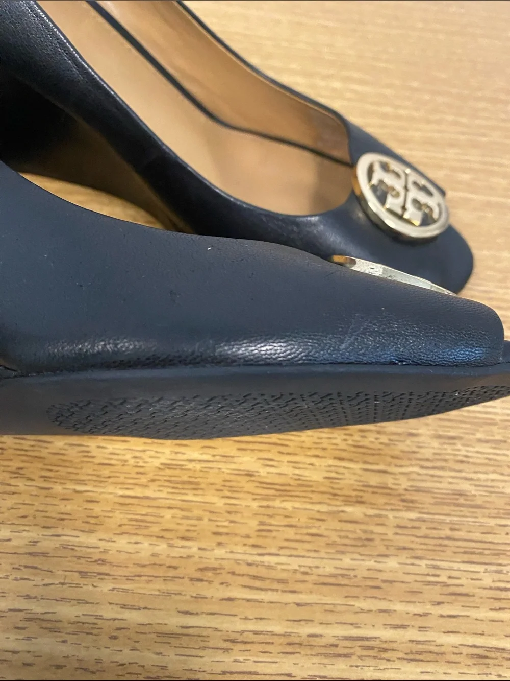 Tory Burch Black Leather Peep-Toe Heels with Gold Logo Medallion
